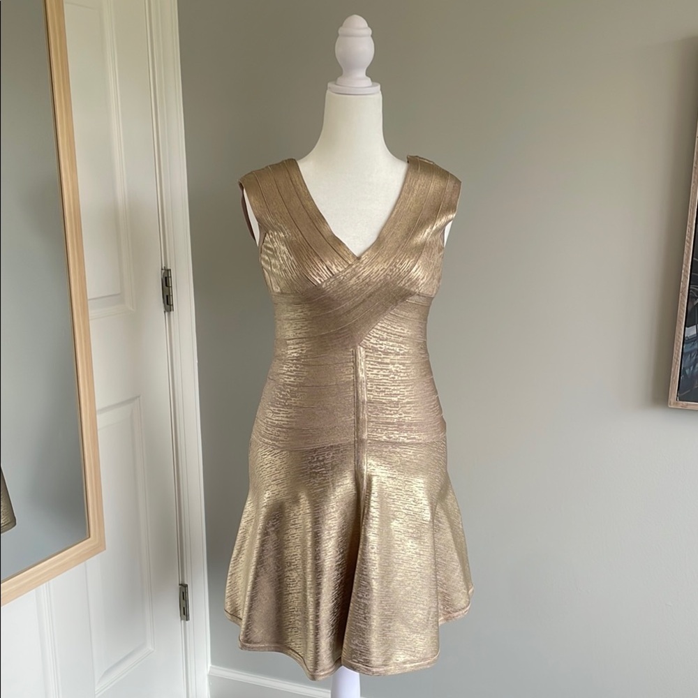 Herve Leger Inspired Gold Metallic Bandage V-Neck Fit and Flare Cocktail Dress